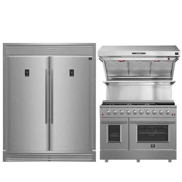 Forno 3-Piece Bundle Galiano 48 in. Gas Range Rizzuto 60 in. W Dual Combo ConvertibleRefrigerator 48 in. Wall Mount Range Hood