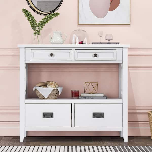 URTR Modern 36 in. Sofa Table, White Rectangle Wood Console Table with 4-Drawer, 2-Tier Console Table with Bottom Shelf