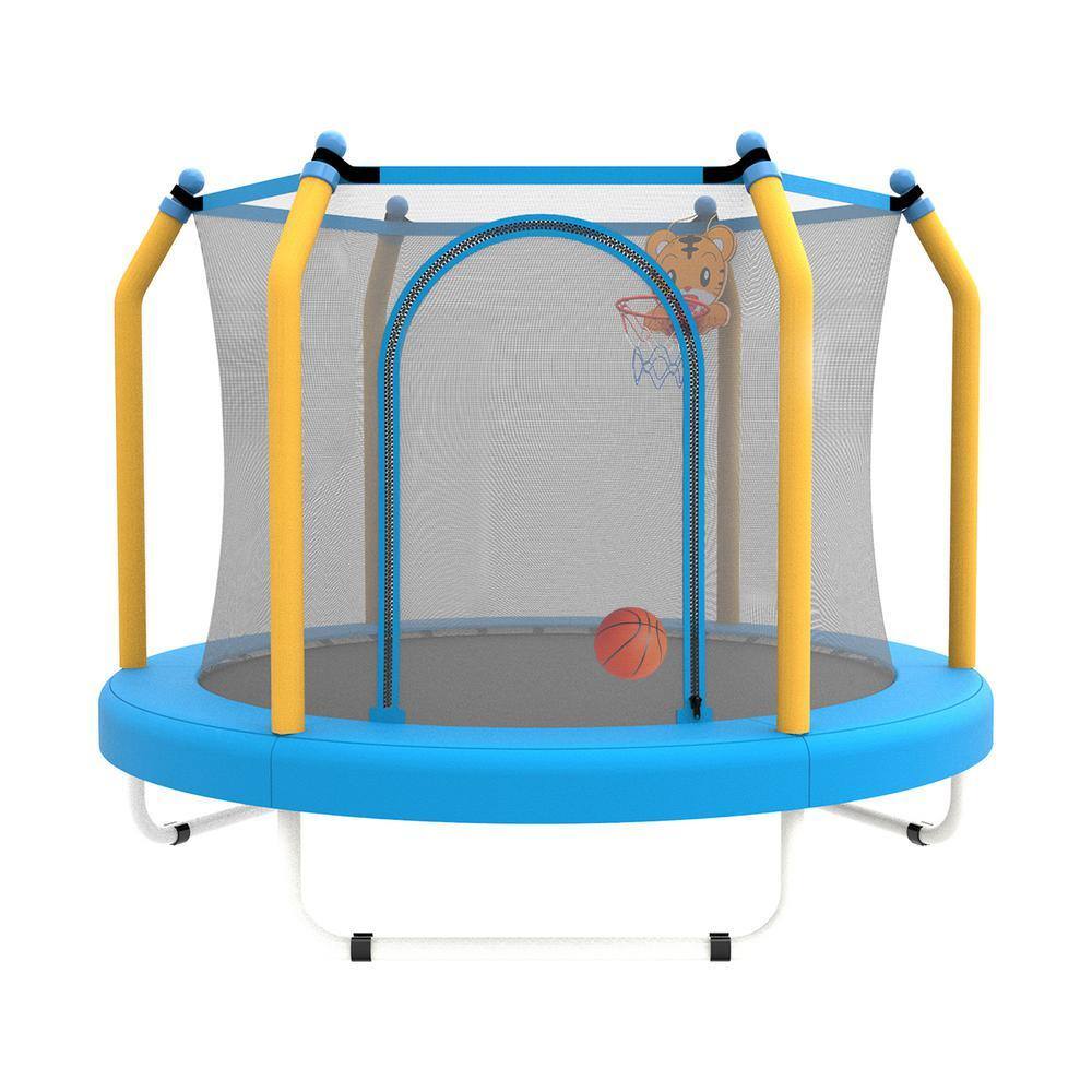 55 in. Blue Round Small Toddler Trampoline for for Kids Indoor and Outdoor with Basketball Hoop