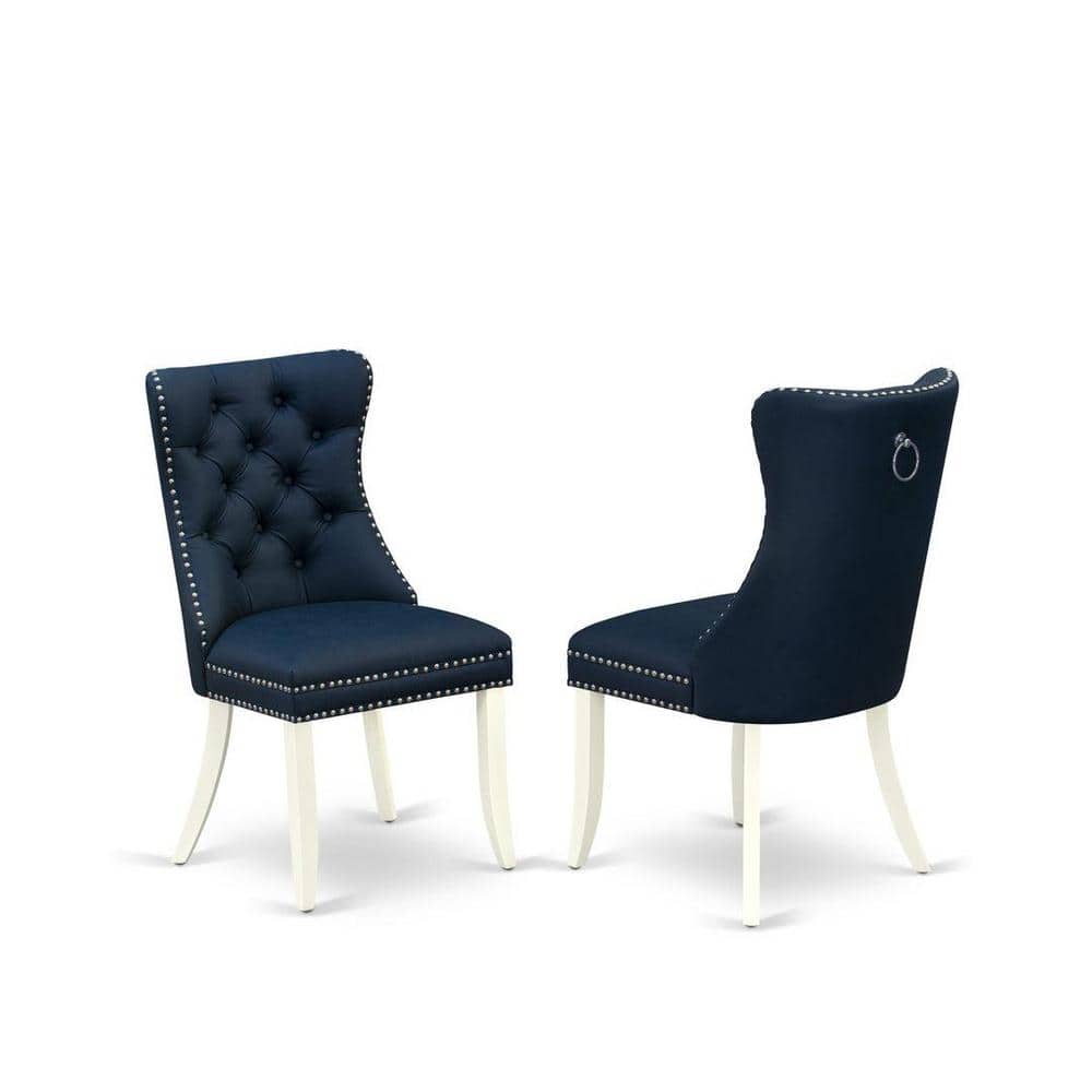 Linen White Round Dining Table Set with Navy Blue Faux Leather Chairs