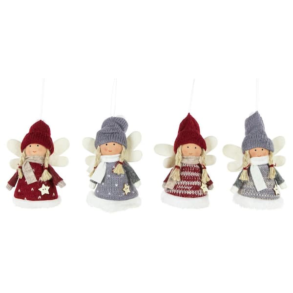 Plush Angel Girl Hanging Christmas Ornaments-4.25 in. Red and Gray-Set of 4