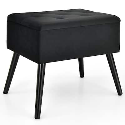 Black Velvet Storage Ottoman Tufted Flip Top Vanity Stool Footrest