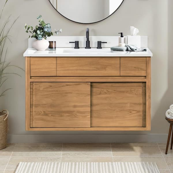 Colbie 43 in. Single Sink Natural Teak Bath Vanity with White Engineered Stone Top