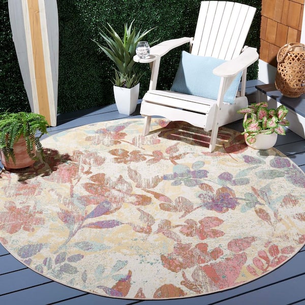 Barbados Beige/Red 7 ft. x 7 ft. Round Multi-Leaf Gradient Indoor/Outdoor Area Rug
