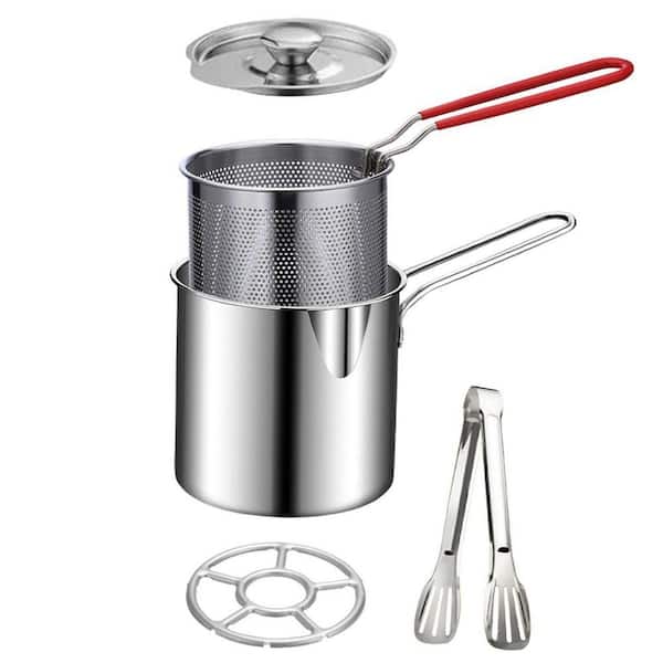 5 pcs Stainless Steel Stock Pot in Silver with Fry Basket Lid Tongs Anti-Slip Rack for Frying and Cooking