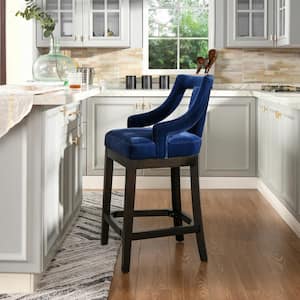 Hollywood 26 in. Blue Performance Velvet Upholstered High Back Kitchen Counter Height Bar Stool with Wood Frame