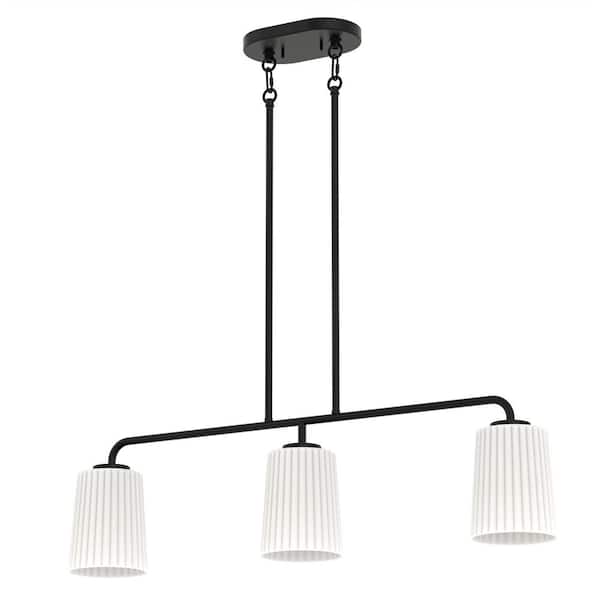 YANSUN 32 in. Modern 3-Light Indoor Island Pendant Light, Black with Glass Shade for Bar, Dining Room, and Kitchen Island