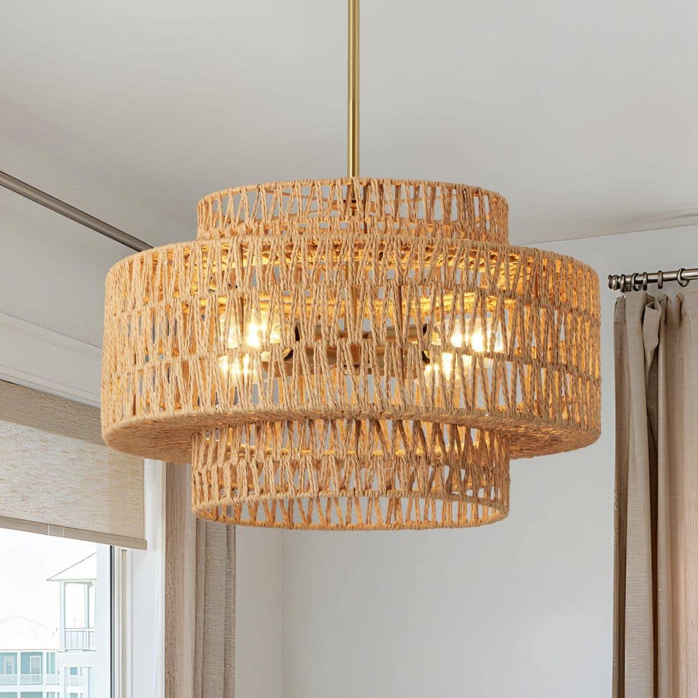 17.7 in. 4-Light Boho Rattan Farmhouse Gold Hand Woven Chandelier for Kitchen, Bedroom, Dining Room, Living Room price history on PriceWatchPro