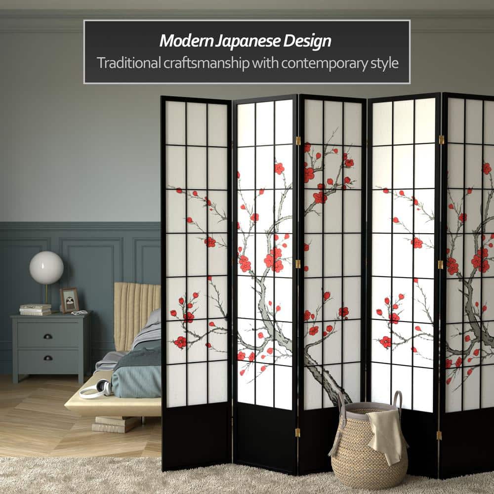 83.5" Black Cherry Blossom Shoji Room Divider with 5 Panels