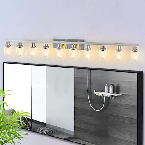 65 in. 10-Light Brushed Nickel Bathroom Vanity Light Fixture with Clear Glass Shades, no bulbs included Lasaideal Vanity Lighting
