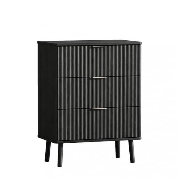 30" Black Wood Ribbed Texture Three Drawer Nightstand with USB Port