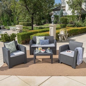 Charcoal 4-Piece Faux Wicker Patio Conversation Set with Light Gray Cushions