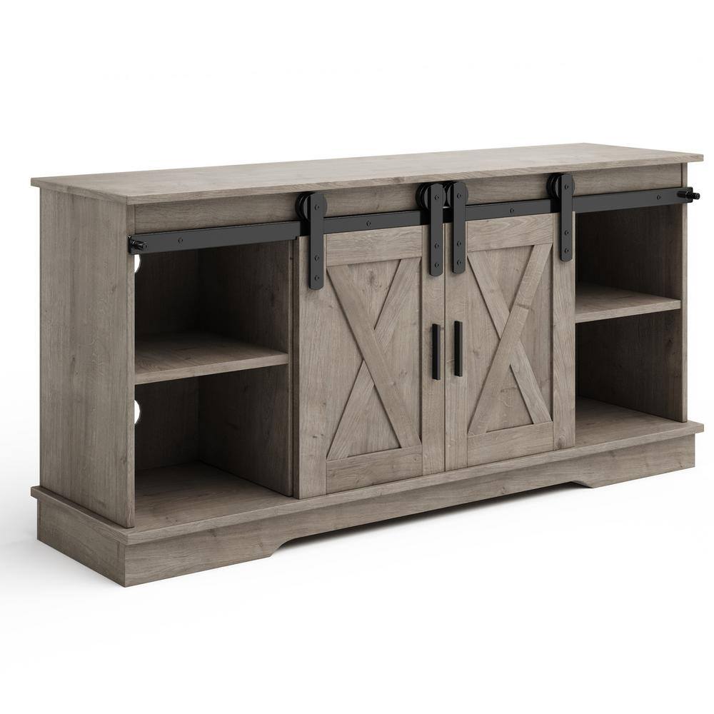Gray Woodgrain 65-inch TV Stand with Cabinets and Metal Hardware