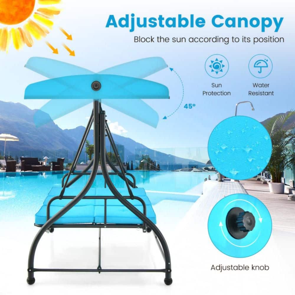 Sky Blue 3-Seat Outdoor Swing with Adjustable Canopy