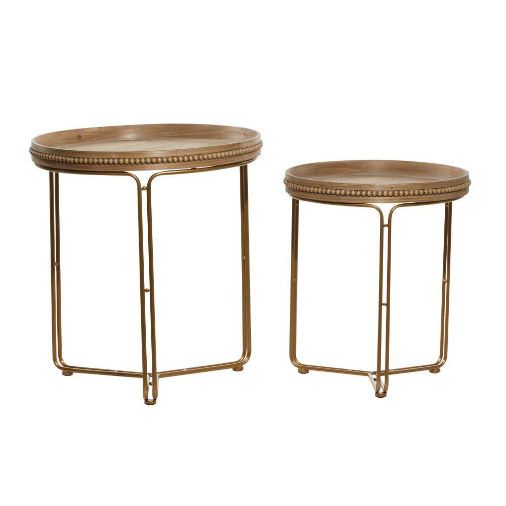 Round Light Brown Wood and Gold Metal Nesting Tables Set