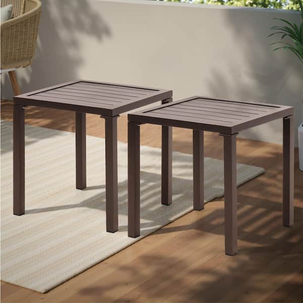 Pellebant Brown Square Metal Rust-Resistant Aluminum Outdoor Side Table Patio End Table 2-Piece Set