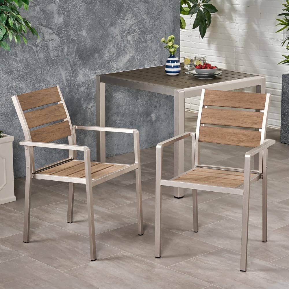 Set of 2 Aluminum Outdoor Patio Dining Chairs with Faux Wood Seats, Perfect