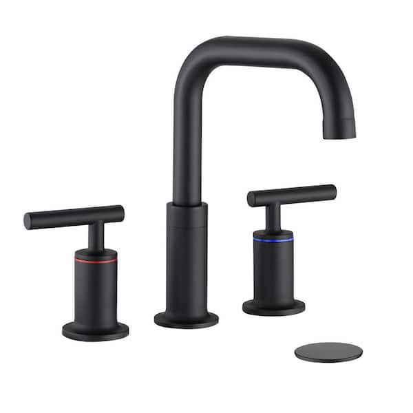 YASINU 8 in. Widespread Double-Handles Bathroom Faucet Combo Kit Pop-Up Drain Assembly in Matte Black