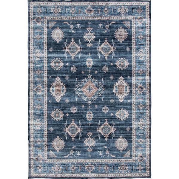 LOOMAKNOTI Wipe Up Areyn Blue Washable 7 ft. 6 in. x 9 ft. 6 in. Oriental Polyester Indoor Area Rug