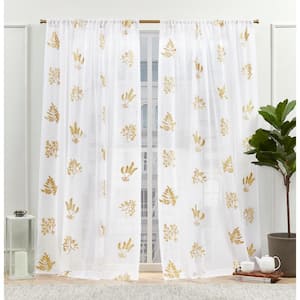 Mabel Gold Floral Sheer Rod Pocket Curtain, 54 in. W x 84 in. L (Set of 2)