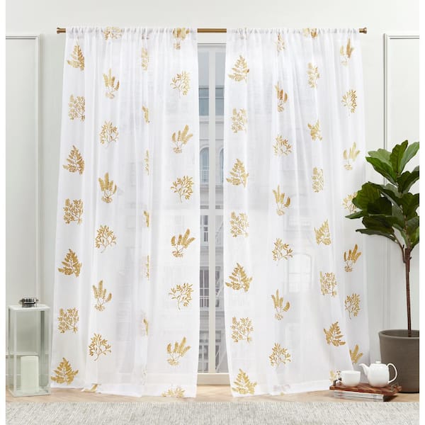 NICOLE MILLER NEW YORK Mabel Gold Floral Sheer Rod Pocket Curtain, 54 in. W x 84 in. L (Set of 2)