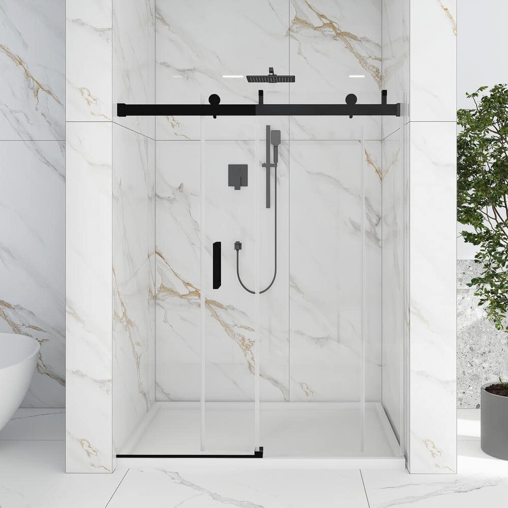 60'' Matte Black Frameless Sliding Shower Door with Clear Glass