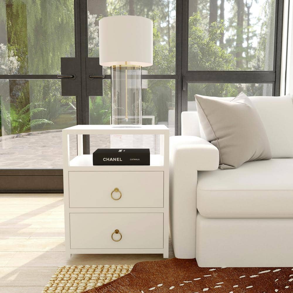 Luxe Minimalist White Acacia 2-Drawer Nightstand with Open Shelf