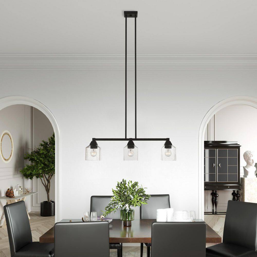Aragon Black Steel 3-Light Linear Chandelier with Clear Seeded Glass