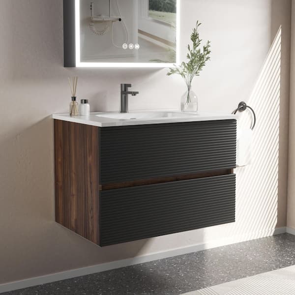 FAMYYT 24 in. Single Sink Floating Black Walnut Bath Vanity with White Ceramic Top, Pre-assembled