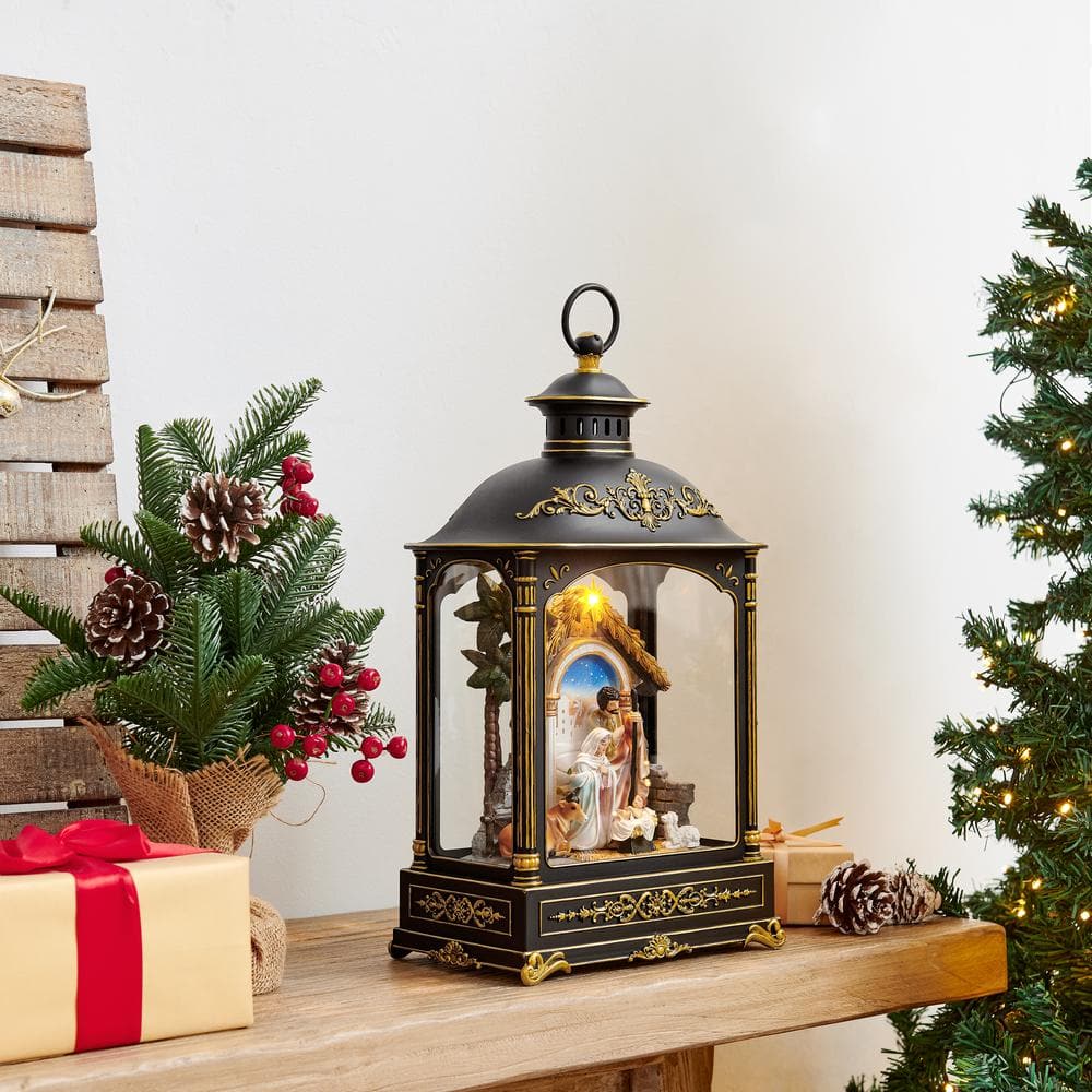 Antique Black and Gold Nativity Diorama Lantern with Light