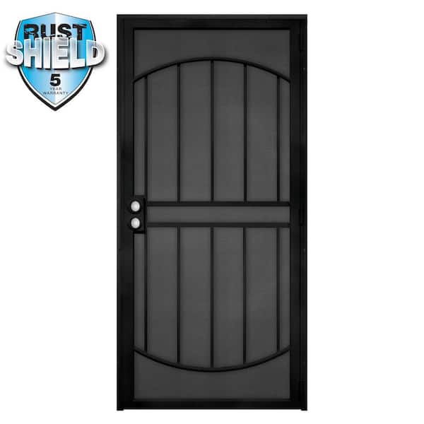 Unique Home Designs 32 in. x 80 in. Arcada MAX Rust Shield Black Surface Mount Outswing Steel Security Door with Perforated Metal Screen