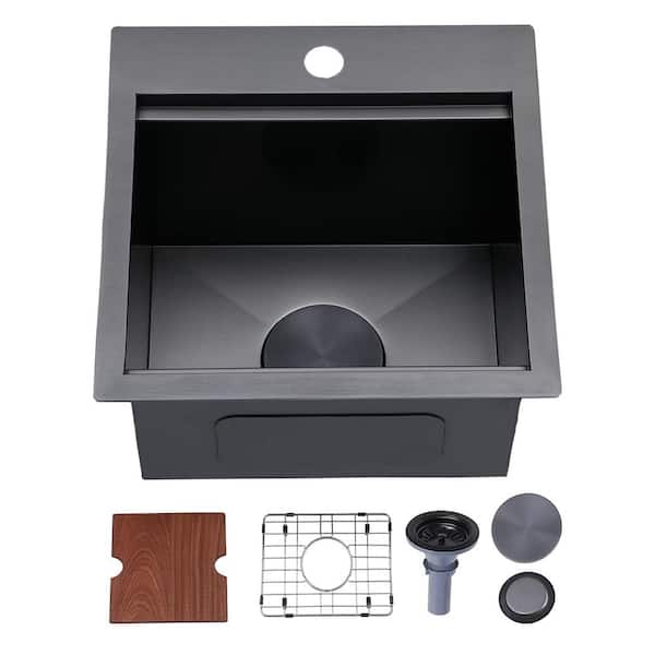 PRIMEPLUS 18-Gauge Stainless Steel 15 in. x 15 in. 1-Hole Drop-In Workstation Bar Sink in Matte Black