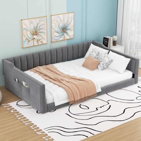Gray Full Size Daybed with Side Storage Pocket