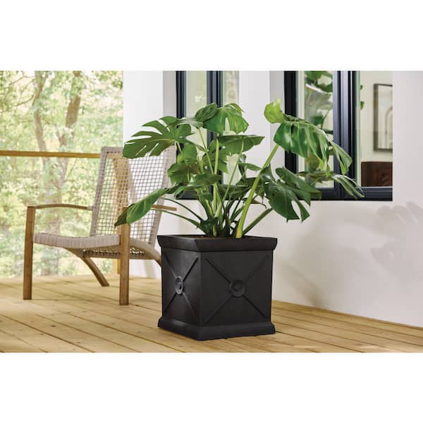 Eldon Large Modern Slate Black Fiberglass Self-Watering  Planter (15 in. L x 15 in. W x 16 in. H)