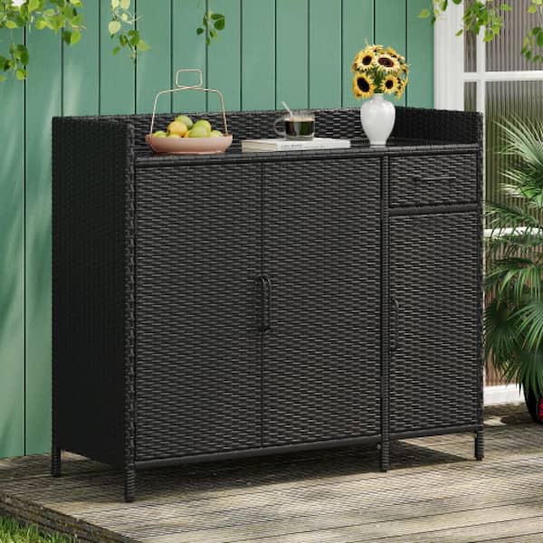 Unbranded 47.5 in. W x 15.8 in. D x 39.5 in. H Black Brown Outdoor Storage Cabinet Chests with Tempered Glass Desktop