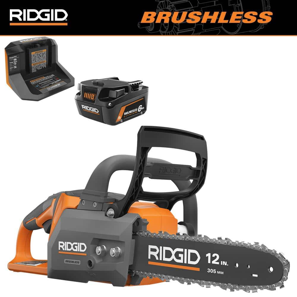 RIDGID 18V Brushless 12 in. Electric Battery Chainsaw with 6.0 Ah MAX Output Battery and Charger R01101K The Home Depot