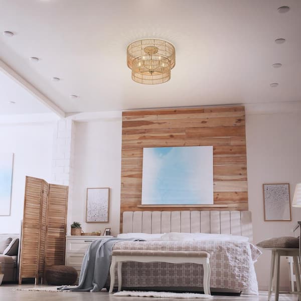 Bungalow Heaven 26 in. 5-Light Soft Brass Caged Flush Mount with Papyrus Rope Shade and No Bulbs Included (1-Pack)