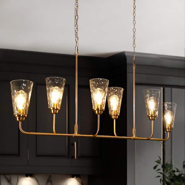 LNC 54 in. W Modern Island Chandelier 6-Light Plating Brass Linear High Ceiling Light with Bell Textured Glass Shades