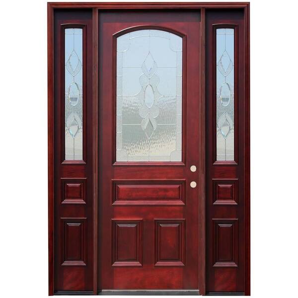 Pacific Entries 66in.x96in. Traditional 3/4 Arch Lt Stained Mahogany Wood Prehung Front Door w/12in. Sidelites and 8 ft. Height Series