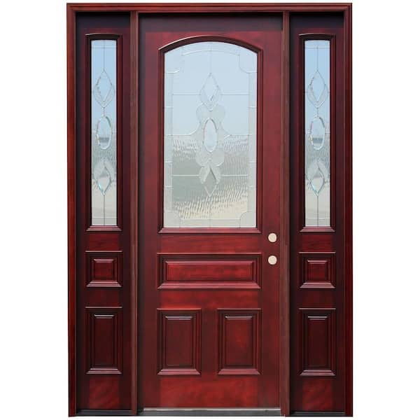 Pacific Entries 64 in. x 96 in. 3/4 Arch Lite Stained Mahogany Wood Prehung Front Door w/ 6 in. Wall Series and 12 in. Sidelites