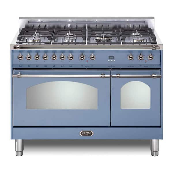 Dolcevita Series 48 in. 7 Burners Freestanding Dual Fuel Natural Gas Range in Pigeon Blue with Chrome Trim