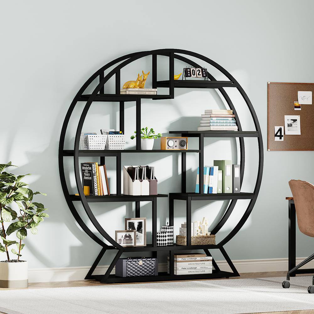 Industrial Black Round Wood Bookshelf with Staggered Shelves