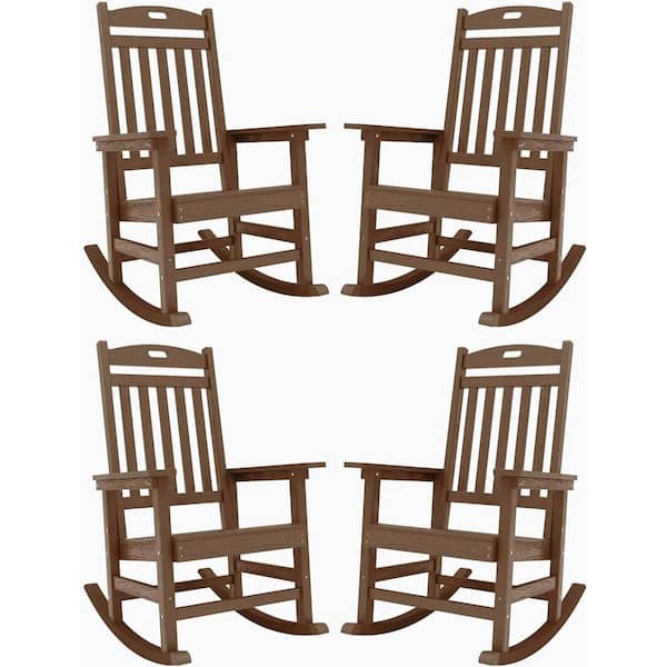 Mximu Teak Plastic Patio Outdoor Rocking Chair, Fire Pit Adirondack Rocker Chair with High Backrest(4-Pack)