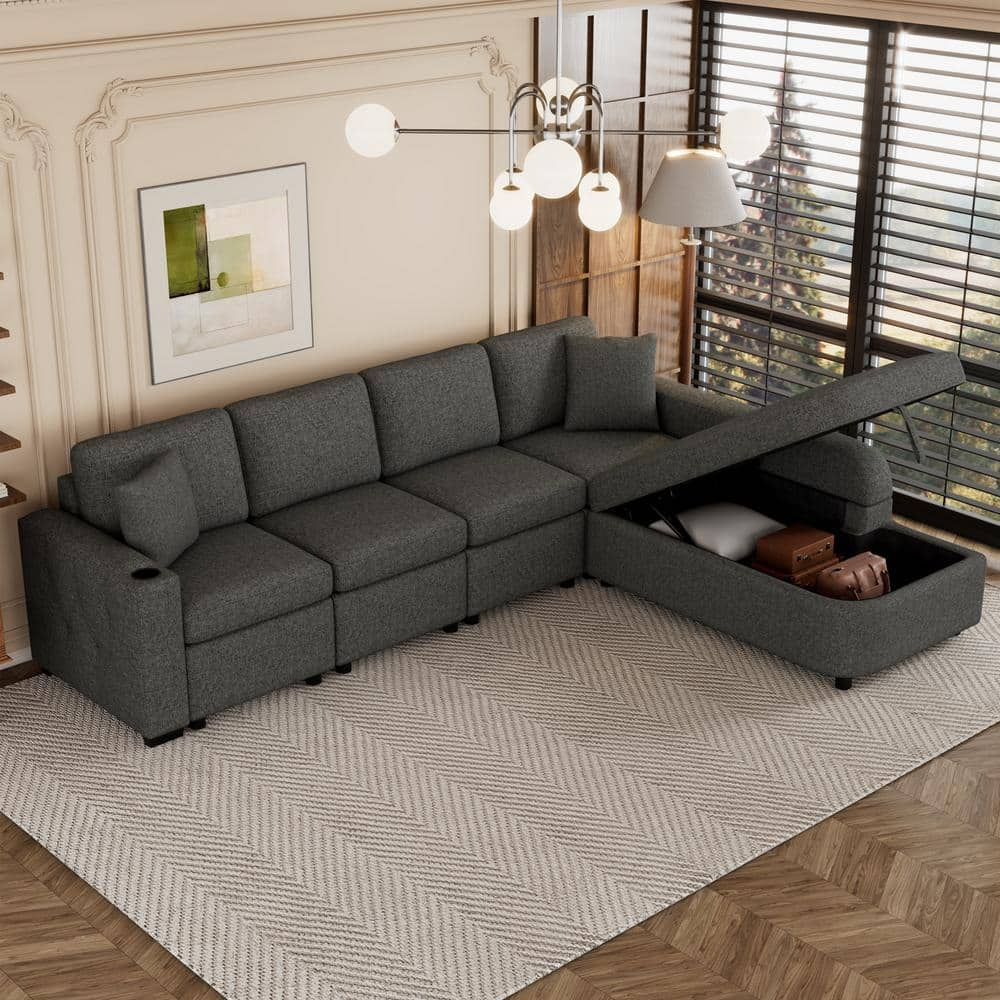 109.8 in. Square Arm Chenille Upholstered L-shaped Sectional Sofa in. Black with Storage Chaise, Cup Holder, USB Ports -  Harper & Bright Designs, CJ080AAB