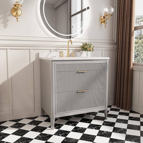 36 in. W Single Sink Solid Wood Bath Vanity in Light Gray with White Engineered Marble Top, Soft-Close
