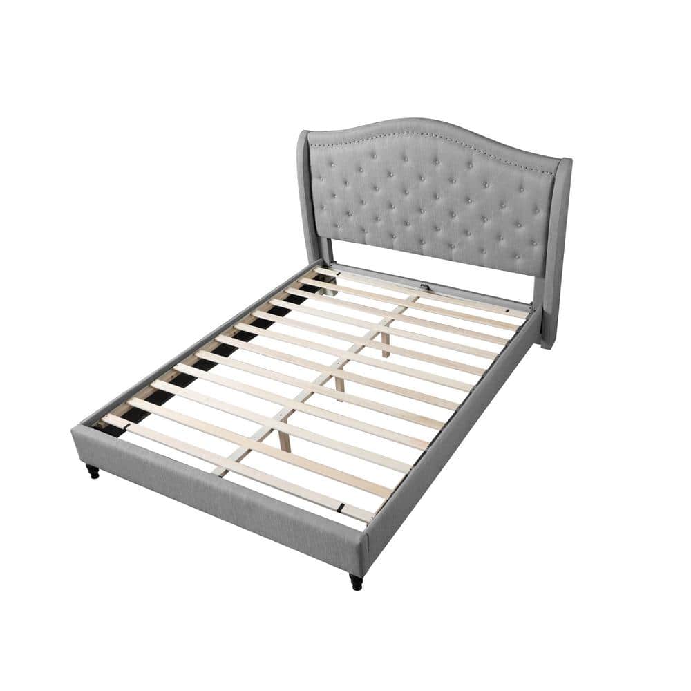 King Gray Tufted Upholstered Wood Frame Bed with Nailhead Trim
