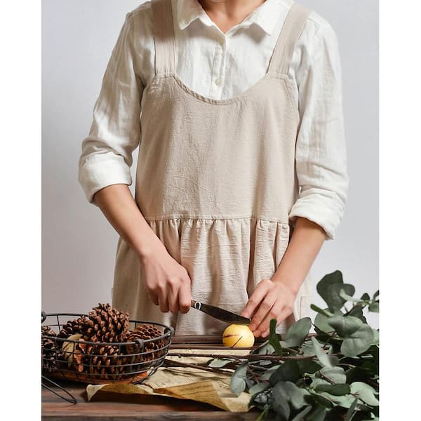 Angel Sar Beige Cross Back Cotton Linen Apron with Pockets