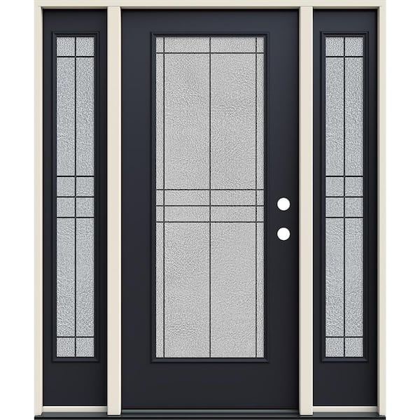 60 in. x 80 in. Left-Hand/Inswing Full Lite Dilworth Decorative Glass Black Steel Prehung Front Door with Sidelites