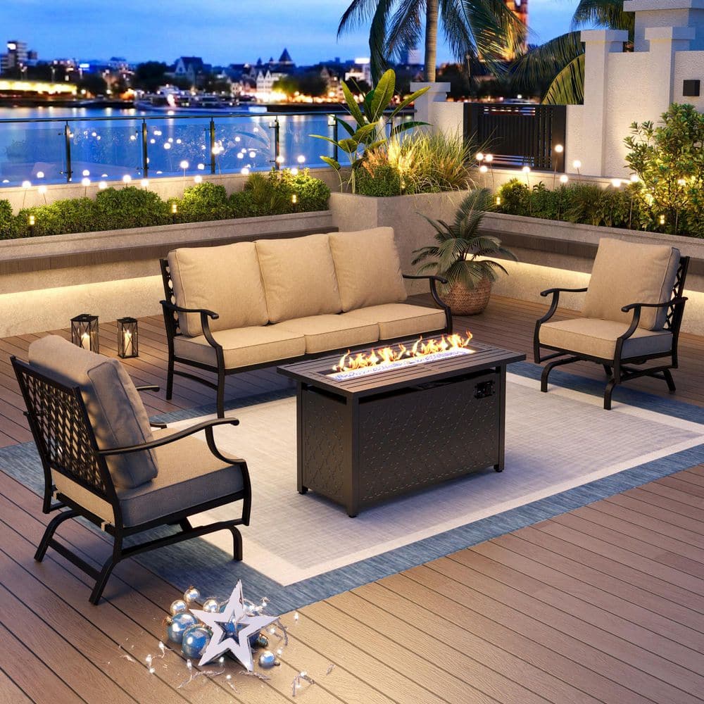 PHI VILLA Black Metal Meshed 5 Seat 4-Piece Steel Outdoor Fire Pit