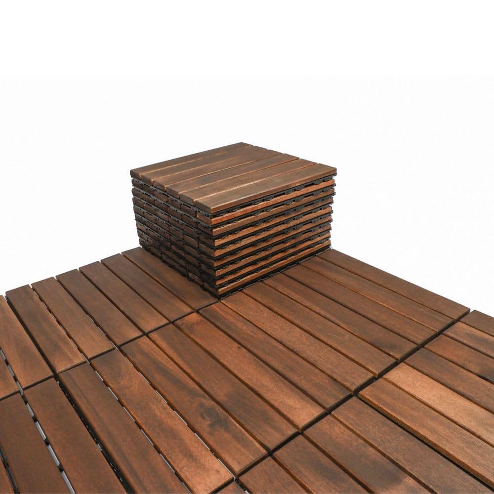 12 in. x 12 in. Brown Square Acacia Wood Patio Flooring Tiles Striped Patte